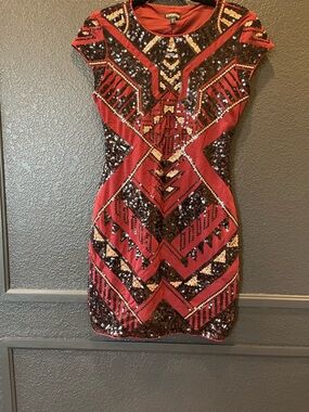 Express Red Sequin Beaded Mini Dress
